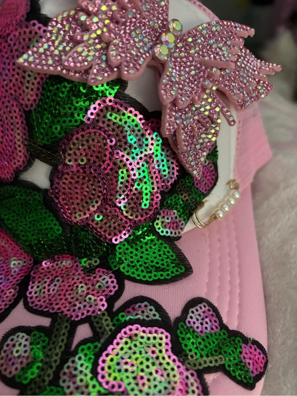 Pink Sequin Floral Cap with Rhinestone Butterflies